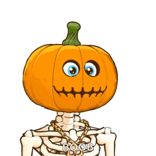 a cartoon drawing of a skeleton with a pumpkin on his head and the words boob on the bottom
