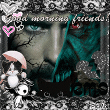 a picture of a man with red eyes and a cat with an umbrella says good morning friends