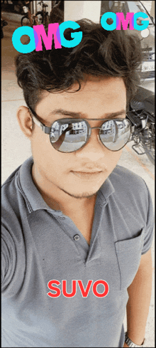 a man wearing sunglasses and a shirt that says suvo on it