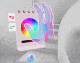 a pink notebook with a rainbow colored circle on it and arrows pointing up and down