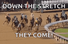 a group of horses are racing on a dirt track with the words down the stretch they come