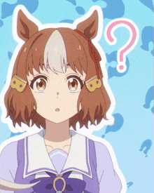 a girl with a horse ear and a question mark behind her