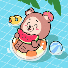 a cartoon bear is floating in a pool eating a watermelon