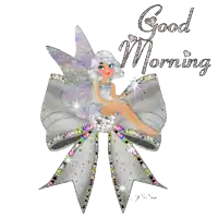 a fairy sitting on a bow with the words good morning