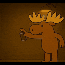 a cartoon moose is holding a can and says " give me acorn "