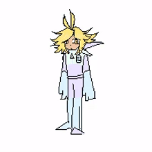 a pixel art drawing of a girl with long blonde hair and a rainbow outfit .