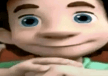 a close up of a cartoon character 's face with blue eyes and a smile on his face .
