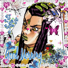 a picture of a woman with flowers and butterflies with the words good morning