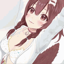 a close up of a anime girl with braids and a tail