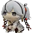 a little girl with white hair and a ponytail is sitting down with a sword .