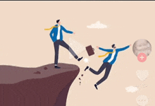 a man is standing on the edge of a cliff while another man falls off the edge .