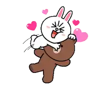 a cartoon bunny is holding a brown teddy bear surrounded by hearts