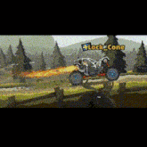 a video game where a vehicle is flying through the air with fire coming out of its wheels .