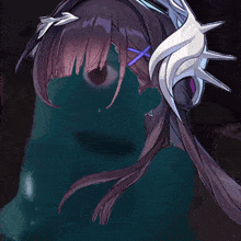 a drawing of a girl with purple hair and a white crown on her head