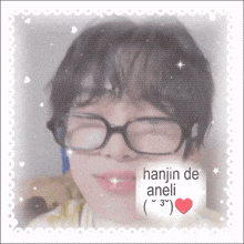 a picture of a person with glasses and the words hanjin de aneli written on it