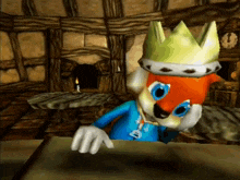 a cartoon character is wearing a crown and a blue shirt