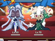 two cartoon characters with lv.50 and lv.70 standing next to each other on a red carpet
