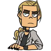 a cartoon drawing of a man with a ponytail and a choker around his neck