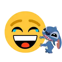 a yellow smiley face with tears coming out of it next to a blue stitch