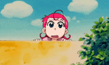 a cartoon girl with pink hair and blue eyes looks over a wall