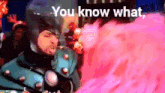 a man in a superhero costume is blowing pink smoke and says you know what