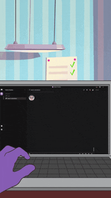 a cartoon drawing of a person using a laptop with a checklist in the background