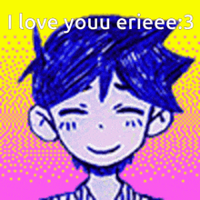 a drawing of a boy with blue hair and the words i love youu erieeee : 3