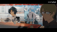 a group of anime characters are sitting at a table with chinese writing on the bottom right
