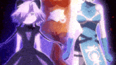 three anime characters are standing next to each other in a purple background