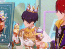 a man in a crown is holding an ice cream cone in his hand .