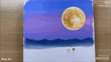 a painting of a full moon with mountains in the background