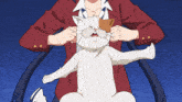 a cat with a mustache is being held by a woman in a red jacket