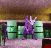 a purple rabbit is standing in front of a row of green barrels