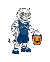 a mascot for trine thunder holds a pumpkin