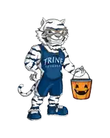a mascot for trine thunder holds a pumpkin