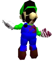 a 3d rendering of a cartoon character with blood on his pants