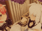 two anime girls are sitting next to each other in front of a wooden wall
