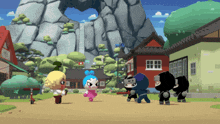 a group of ninjas are standing on a dirt road in a cartoon scene