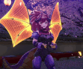 a girl with horns and wings is standing in front of cherry blossoms