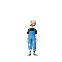 a cartoon character wearing overalls and a black shirt