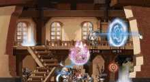 a video game is being played in a room with stairs and a target with the number 5 on it