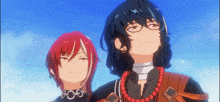 two anime characters are standing next to each other and looking up at the sky .