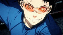 a close up of a person 's face with a blue shirt and orange eyes