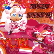 a picture of rasputin and yuri from cookie run with lesbian flags