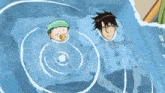two cartoon characters are swimming in a pool and one of them has chinese writing on his shirt