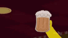 a cartoon character is holding a glass of beer in his hand .