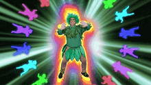 a man in a green costume is surrounded by colorful figures