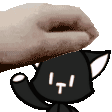 a hand is petting a black cat with a t on its face