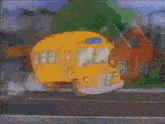 a cartoon drawing of a yellow school bus on the side of a road