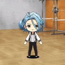 a boy with blue hair is standing on a wooden floor